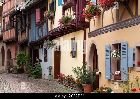 Straße mit mittelalterlichen Fachwerkhäusern in Eguisheim Dorf entlang der berühmten Weinstraße im Elsass/Frankreich Stockfoto