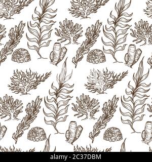 Tropische Blätter und Algen Pflanzen Unterwasser nahtlose Muster Stock Vektor