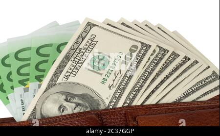 Dollar und Euro-Banknoten in der Brieftasche Stockfoto