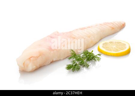 Seeteufel Filet raw mit Dill und Zitrone weiß isoliert Stockfoto