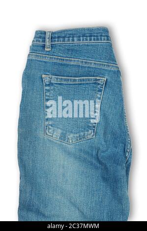 Blue Jeans-Tasche isoliert auf weißem Hintergrund gefaltet Stockfoto
