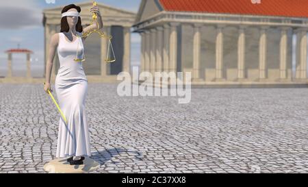 Statue der Gerechtigkeit, Themis, Femida mit Schuppen und einem Schwert in den Händen. 3D-Rendering Stockfoto