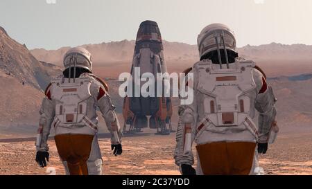 Astronaut Trägt Space Suit Wandern Auf Der Oberfläche Des Mars. Mission To Mars Erkunden. Futuristisches Kolonisierungs- und Weltraumerkundungskonzept. 3d-Rend Stockfoto