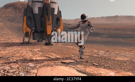 Astronaut tanzt auf dem roten Planeten Mars. Mission To Mars Erkunden. Futuristisches Kolonisierungs- und Weltraumerkundungskonzept. Kolonie auf dem Mars. Elemente des Th Stockfoto