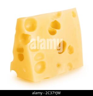 Stück Käse mit großen Löchern, die isoliert auf weißem Hintergrund Stockfoto