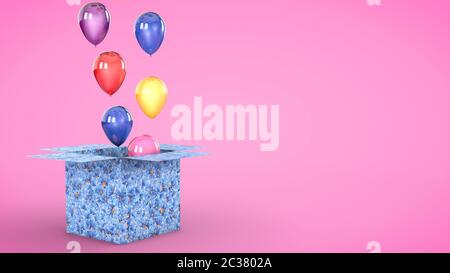 Geschenkbox mit bunten Ballons im Inneren öffnet, dann Luftballons heben. Geburtstag, Valentinstag, Jubiläumskonzept. 3d-Rendering. Stockfoto
