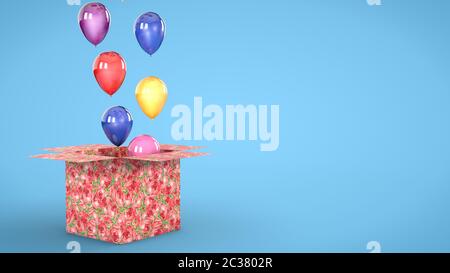 Geschenkbox mit bunten Ballons im Inneren öffnet, dann Luftballons heben. Geburtstag, Valentinstag, Jubiläumskonzept. 3d-Rendering. Stockfoto