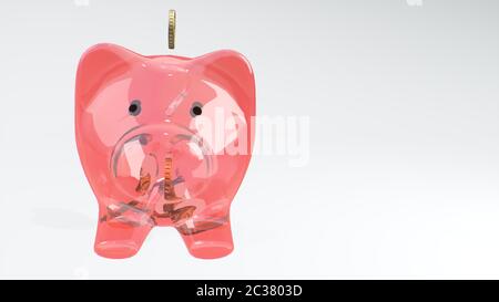 Münzen fallen in ein rosa Glas Sparschwein - ein Symbol für Reichtum, Sparsamkeit und effektive Investitionsplanung und Geschäft. Symbol für finanziellen Erfolg. C Stockfoto