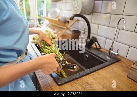 Crop Frau schneiden Blumen in Waschbecken Stockfoto