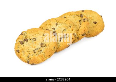 Schokoladenspäne Plätzchen in einer Reihe isoliert auf weißem Hintergrund mit Beschneidungspfad Stockfoto