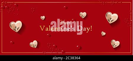 Alles gute zum Valentinstag. Goldene Beschriftung auf rotem Grund. Metallische Herzen. Horizontales Banner in minimalistischem Stil. Liebhaber. Februar. Stockfoto