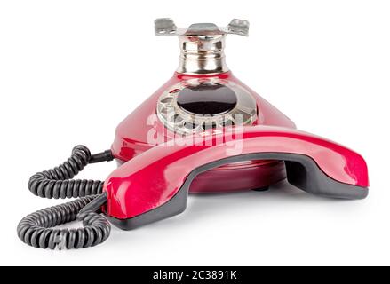 Rotes altes Telefon aus Haken isolierten auf weißen Hintergrund Stockfoto