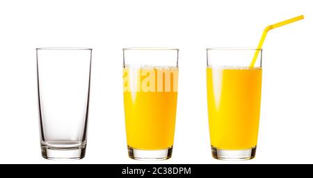 Leeren und vollen Gläser mit Orangensaft isoliert auf weißem Hintergrund. Collage. Stockfoto