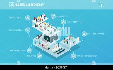 Business Innovation und Technologie isometrische Infografik: Organisation des Unternehmens, Rollen und Geschäftsteams zusammenarbeiten Stock Vektor