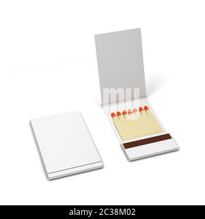 Papierbuch mit Streichhölzern. 3D-Darstellung isoliert auf weißem Hintergrund Stockfoto