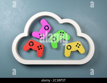 Weiß 3 D Cloud Symbol Form mit bunten Gamepad Controller im Inneren auf einer blauen Wand 3D-Illustration, Cloud Gaming Konzept Stockfoto