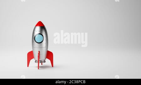 Cartoon Raumschiff auf Weiß Grau mit Copy Space 3D-Illustration, Startup Konzept Stockfoto