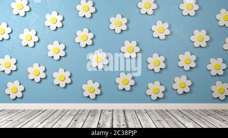 White Daisy Flower 3D-Formen auf einer blauen Wand im Zimmer der 3D-Darstellung Stockfoto