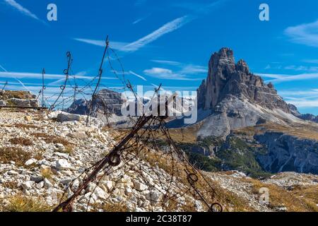 Position vom Ersten Weltkrieg auf dem Monte Piana, Dolomiten Stockfoto