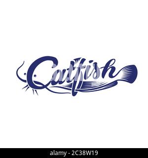 Katzenfisch-Logo. Schwarz-weiß Schriftzug. Dekorative Inschrift. Wels Vektor und Illustration. Stock Vektor