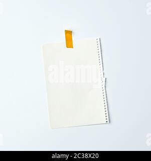 Weiß zerknittertes Blatt Papier aus einer Spirale notebook zerrissen und mit gelbem Isolierband auf weißem Hintergrund geklebt, Platz für Text. Design Space Stockfoto