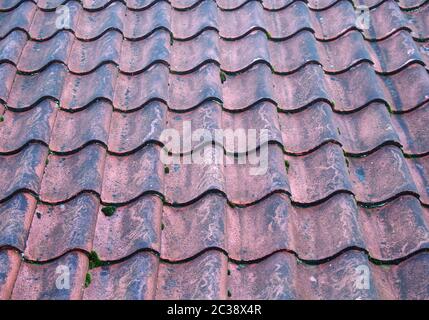 Ein Vollformat Bild der traditionellen alten Terrakotta gekrümmten überlappenden Pantile Dachziegel Stockfoto