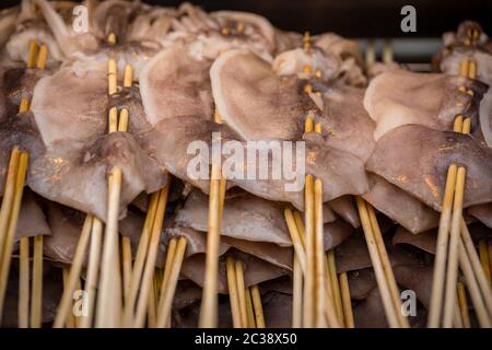 Calamari auf Stöcken zum Verkauf Stockfoto