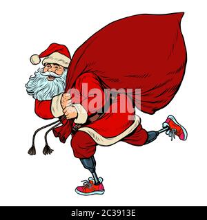 Santa Claus auf Prothesen für Behinderte bietet Geschenke für Weihnachten. pop art retro Vektor illustration Kitsch vintage Zeichnung 50 s 60 s Stockfoto