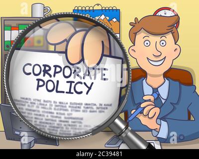 Geschäftsmann im Büro Arbeitsplatz Halten Sie ein Papier mit der Aufschrift Corporate Policy. Nahaufnahme durch Lupe. Farbige moderne Liniendarstellung in Stockfoto