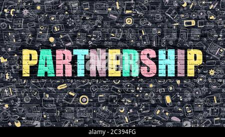 Multicolor Concept - Partnerschaft auf dunklen Ziegelwand mit Doodle Icons. Moderne Illustration im Doodle-Stil. Geschäftskonzept Partnerschaft. Partnerschaft Stockfoto