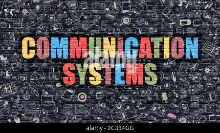 Multicolor Concept - Kommunikationssysteme auf dunklen Ziegelwänden mit Doodle Icons. Geschäftskonzept Kommunikationssysteme. Kommunikationssysteme auf Dunkel Stockfoto