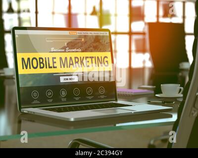 Moderner Arbeitsplatz mit Laptop Zielseite mit Mobile Marketing Konzept. Tonbild mit selektivem Fokus. 3D-Rendern. Stockfoto