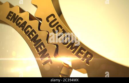 Kundenbindung an den Mechanismus der Golden Metallic Zahnräder. Goldene Metallic Zahnräder mit Kundenbindung Konzept. Kundenbindung bei Gold Stockfoto