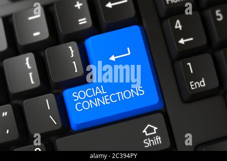 Schlüssel Soziale Verbindungen. Taste für soziale Verbindungen auf der Computertastatur. Moderne Tastatur mit den Worten Social Connections auf blauer Taste. Blue Social Con Stockfoto