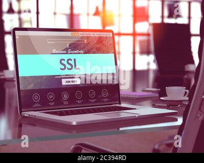 SSL - Socket Layer Security - Konzept - Closeup auf Laptop-Bildschirm im modernen Office Workplace. Tonbild mit selektivem Fokus. 3D-Rendern. Stockfoto