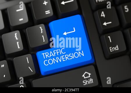 Konzepte der Verkehrskonvertierung mit einer Verkehrskonvertierung auf blauer Eingabetaste auf der PC-Tastatur. Blaue Umrechnungstaste für Verkehrsfunk auf der Tastatur. PC-Tastatur-Tastatur-Tastatur Stockfoto