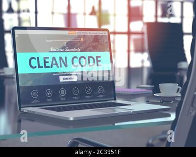 Clean Code Concept - Nahaufnahme auf Laptop-Bildschirm in modernen Office Workplace. Tonbild mit selektivem Fokus. 3D-Rendern. Stockfoto