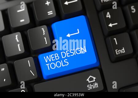 Tastatur Für Web Design Tools. Web Design Tools geschrieben auf einem großen blauen Tastenfeld einer modernisierten Tastatur. Moderne Tastatur mit den Worten Web Design Tools auf Stockfoto