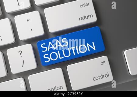 SaaS-Lösungskonzept: Laptop-Tastatur mit Saas-Lösung, ausgewählt auf blaue Eingabetaste fokussieren. Blaues Saas Solution-Tastenfeld auf der Tastatur. 3D-Darstellung Stockfoto
