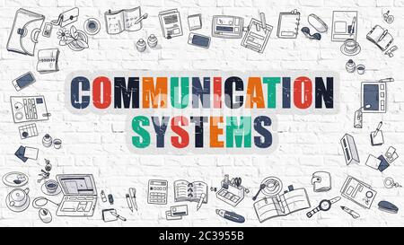 Konzept Der Kommunikationssysteme. Moderne Liniendarstellung. Mehrfarbige Kommunikationssysteme auf weißer Ziegelwand gezeichnet. Symbole Zum Doodle. Design Mit Kritzeln Stockfoto