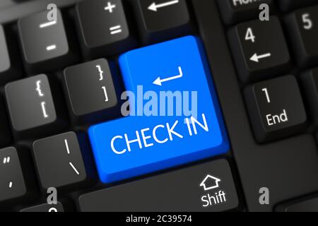 Tastatur Check-in auf modernisierte Tastatur. Check in Konzept: Modernisierte Tastatur mit Check in auf Blau Enter Tastatur Hintergrund, ausgewählt Fokus. 3D-Rendern Stockfoto