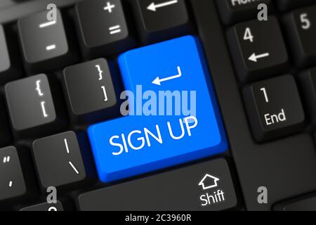 Schaltfläche „Anmelden“. Anmelde-Taste auf der PC-Tastatur. Modernisierte Tastatur mit den Worten Anmelden auf Blue Key. Anmelde-Konzept: PC-Tastatur mit Anmeldung auf Blau Stockfoto