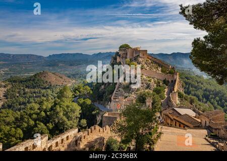 Panoramablick auf das Schloss Xativa, Valencia, Spanien Stockfoto