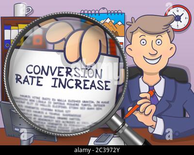 Steigerung Der Konversionsrate. Man hält ein Konzept auf Papier durch Vergrößerungsglas. Mehrfarbige Doodle-Illustration. Stockfoto