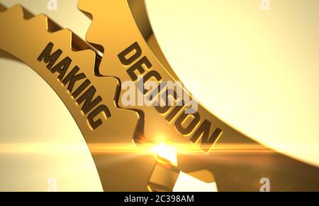 Goldene Zahnräder mit Entscheidungskonzept. Entscheidung Über Goldene Zahnräder. Entscheidungsfindung - Industrielle Illustration mit Glow-Effekt und Linsenflare Stockfoto
