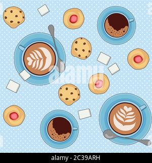 Nahtloses Vektor-Muster mit Tee- und Kaffeetassen, Keksen und Gebäck Stock Vektor