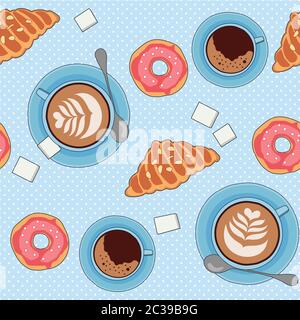 Nahtloses Vektor-Muster mit Tee- und Kaffeetassen, Keksen und Gebäck Stock Vektor