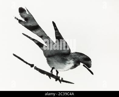 Vogel auf Zweig aus Schilf, von Hand gezeichnet mit schwarzer Tinte auf altem texturierten Papier im Sumi-e (Suibokuga) Stil Stockfoto