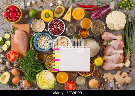 Konzept Ernährung und ausgewogene Ernährung. Set verschiedener Produkte auf grauem Betongrund, Draufsicht Stockfoto