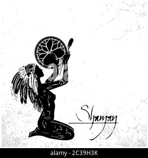 Ethnische Stammes prähistorische Hexe Frau Schamane Symbol mit einem Tamburin. Vektor schwarz-weiß Illustration. Skizze abstrakt zu erstellen verzweifelt Stock Vektor